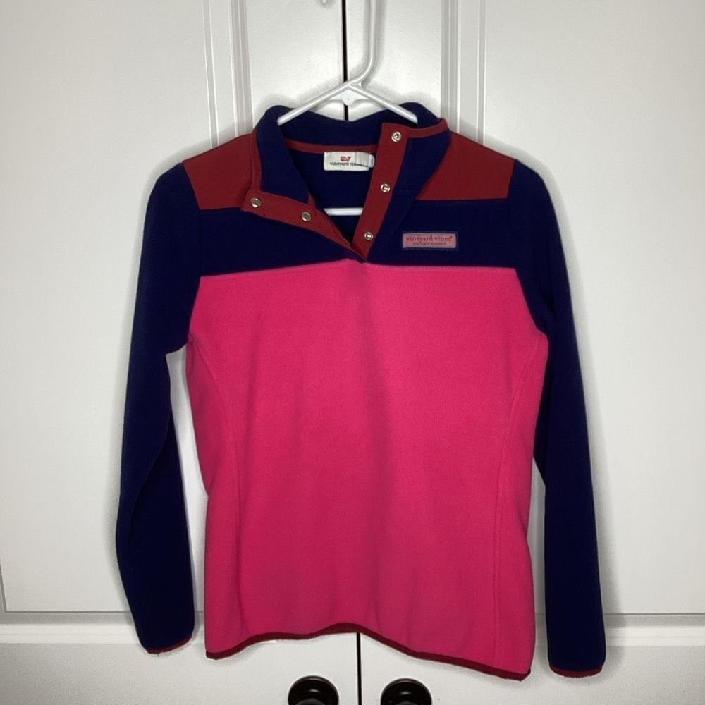 Ladies Vineyard Vines 1/4 Snap Fleece Shep XXS Pink Maroon Navy‎